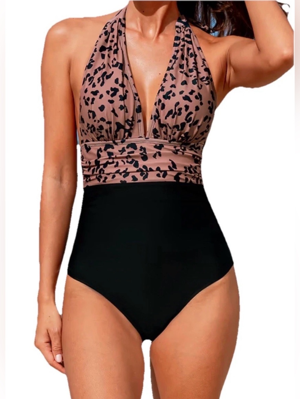 CUPSHE Leopard Print Plunge Halter Tummy Control One Piece Swimsuit, Black, XL